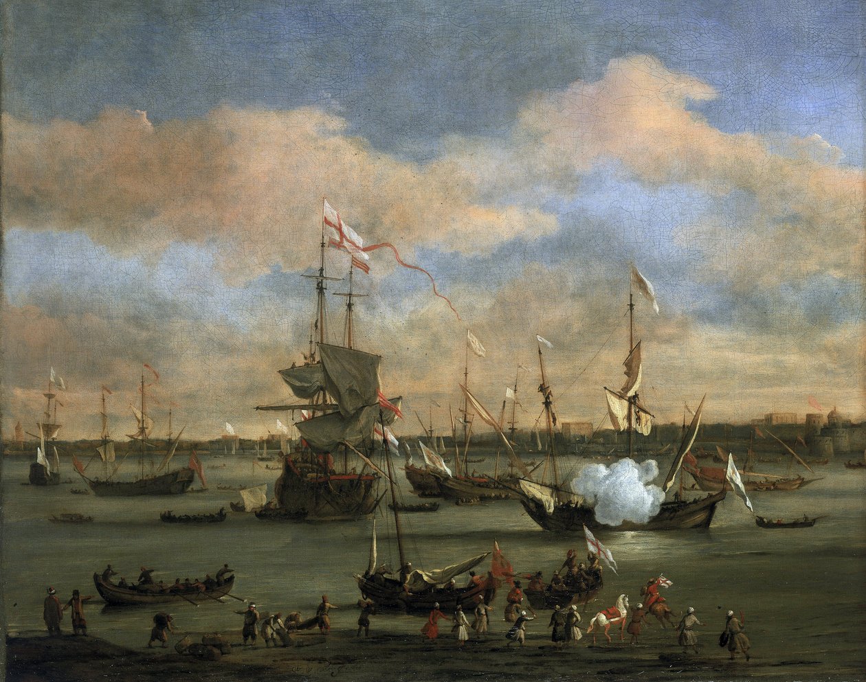 Brytyjski statek handlowy w porcie na Morzu Śródziemnym. Olej na płótnie autorstwa Willem van de Velde the Younger