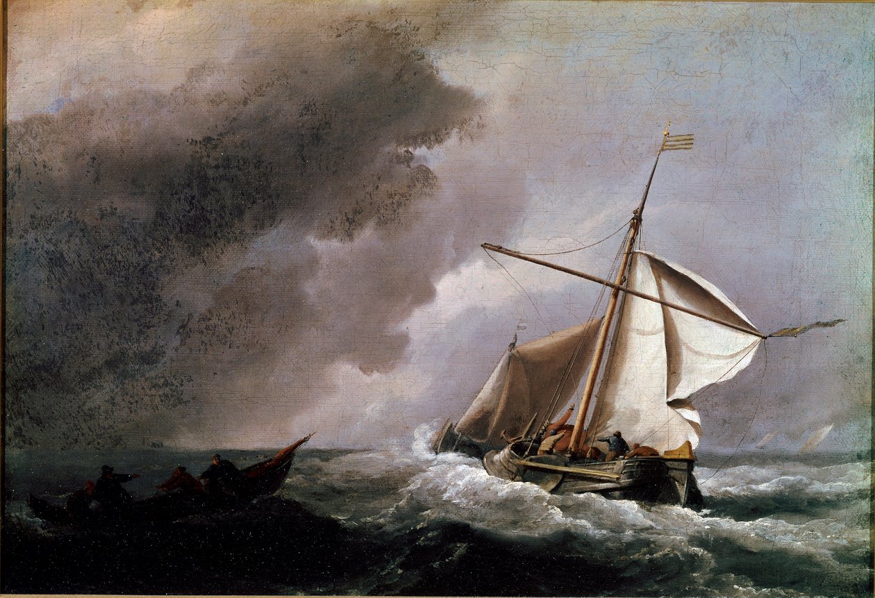 Holenderski statek opuszcza żagle w oczekiwaniu na łódź ratunkową Obraz Willema Van de Velde młodego (1633-1707) 1660 nd. 23,2x33,2 cm Londyn, Galeria Narodowa autorstwa Willem van de Velde the Younger
