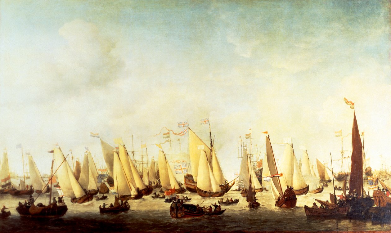 Zaokrętowanie Karola II Stuarta w Scheveningen autorstwa Willem van de Velde the Younger