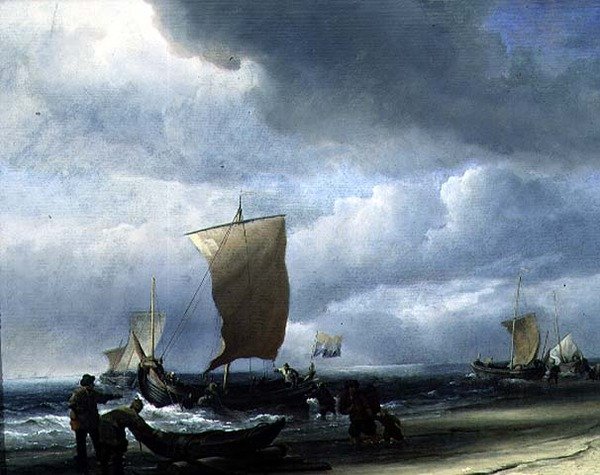 Łodzie rybackie przychodzące na brzeg (olej na płótnie) autorstwa Willem van de Velde the Younger