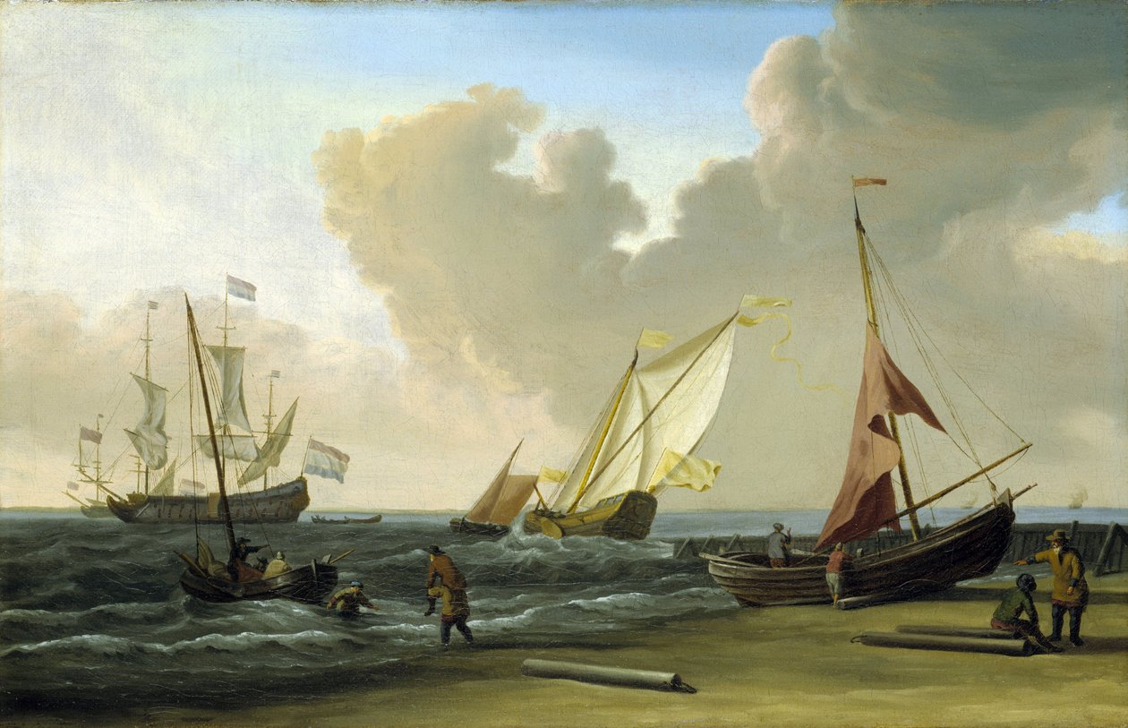 Łódź rybacka ciągnąca sieci na plaży na wietrze, na holenderskim wybrzeżu. Olej na płótnie autorstwa Willem van de Velde the Younger