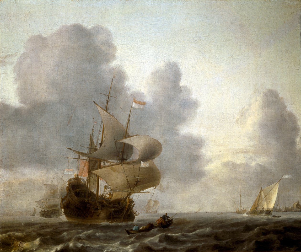 Krajobraz łodzi na wstrząśniętym morzu (malarstwo autorstwa Willem van de Velde the Younger