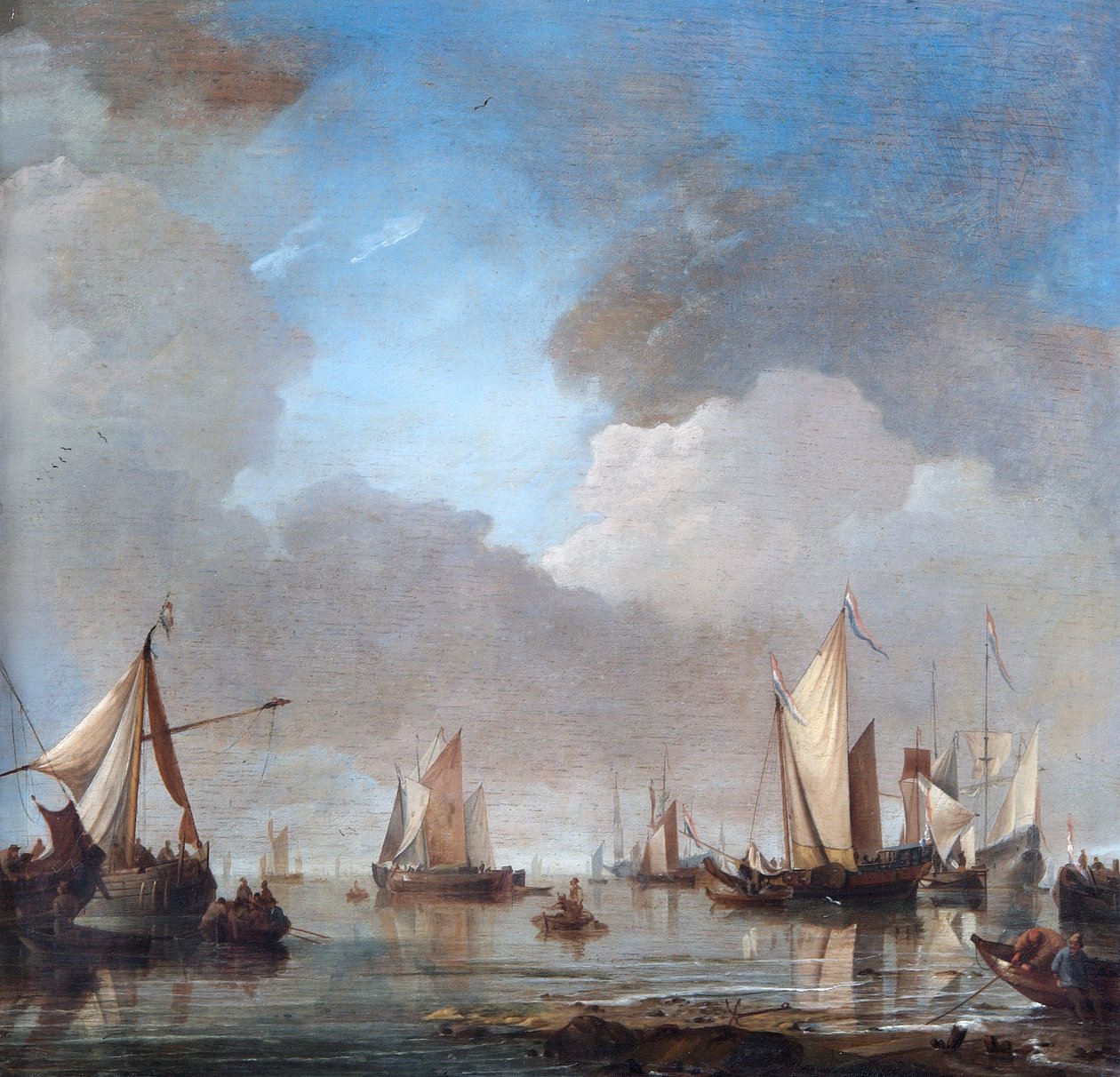 Duże statki i łodzie w ciszy (olej na desce dębowej) autorstwa Willem van de Velde the Younger
