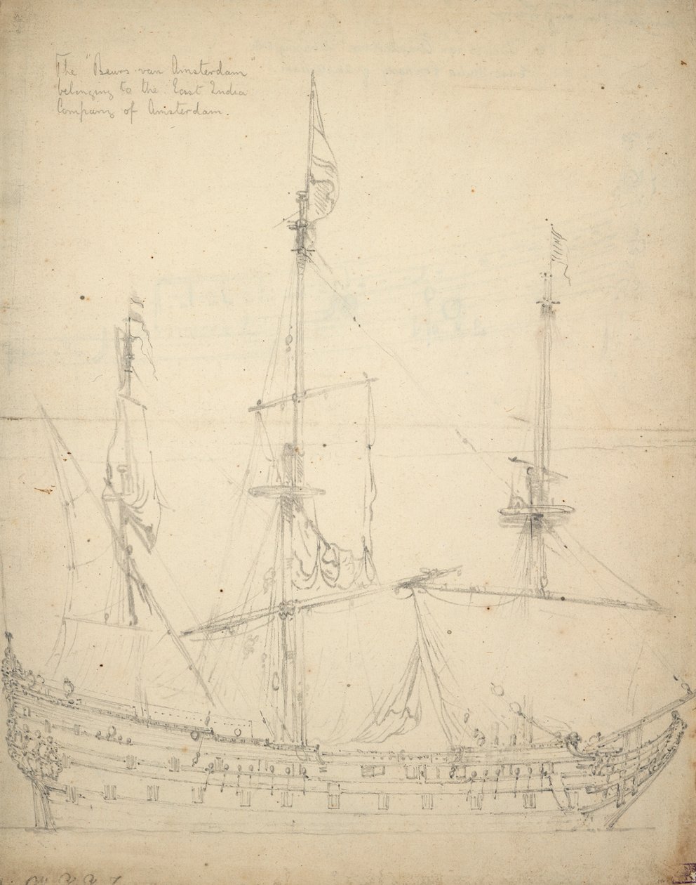 Portret statku "Beurs van Amsterdam". Zbudowany w 1654 roku jako okręt indyjski. 52 działa. Przyjęty do służby państwowej w 1665. Zwrócony Kompanii 1666, ok. 1665 (offset) autorstwa Willem van de Velde the Younger