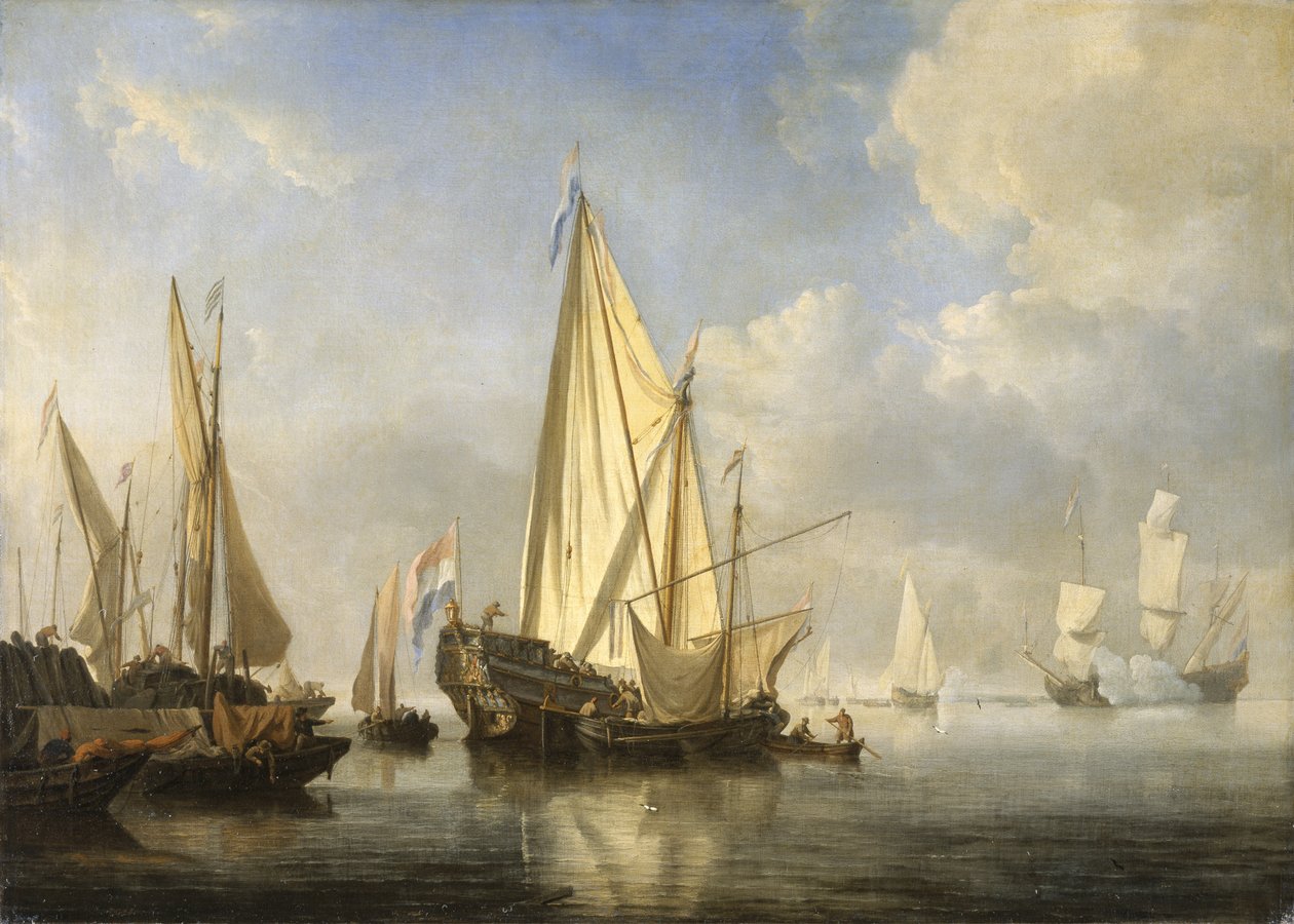 Wysyłka w spokoju z jachtem stanowym przy końcu molo, ok. 1680 (olej na płótnie) autorstwa Willem van de Velde the Younger