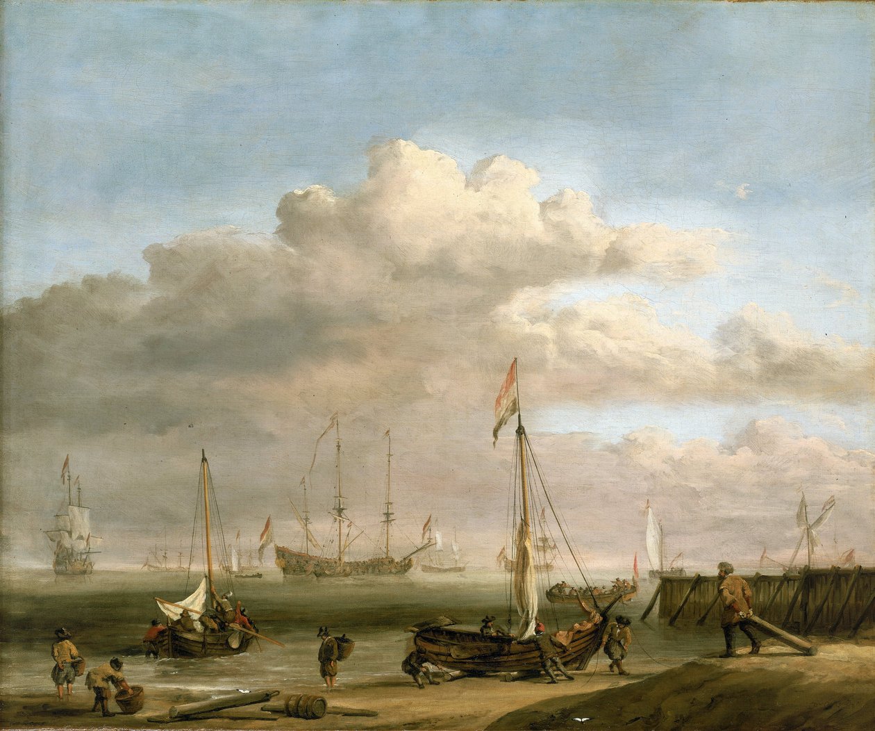 Holenderskie wybrzeże do Marsdiep i Den Helder, z łodziami rybackimi. Olej na płótnie, około 1690 roku, autorstwa Willema van de Velde (1633-1707). autorstwa Willem van de Velde the Younger