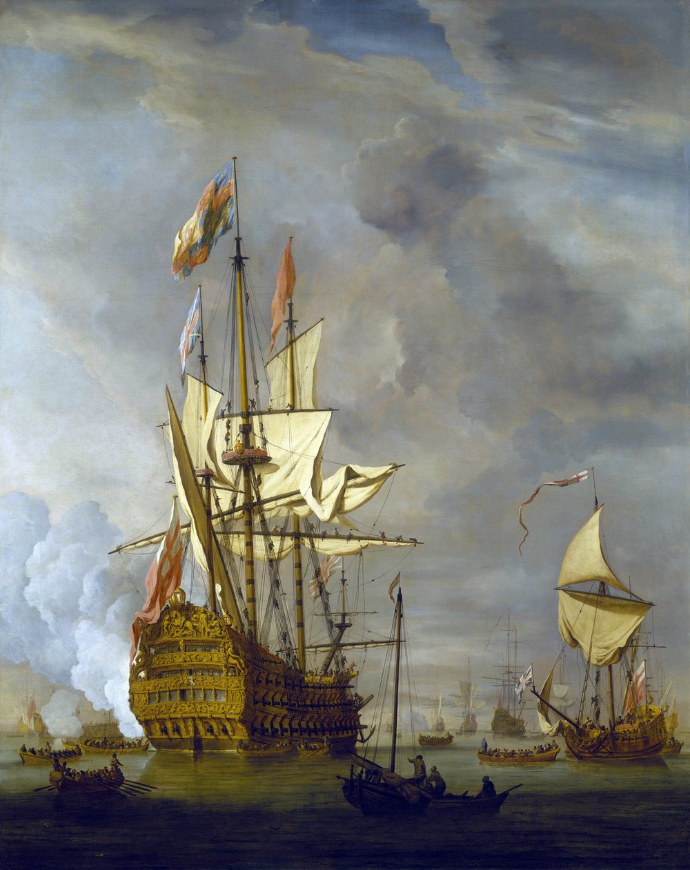 HMS "Royal Sovereign", strzelający z armaty na powitanie portu, w towarzystwie królewskiego jachtu, przy spokojnej pogodzie. Olej na płótnie autorstwa Willem van de Velde the Younger