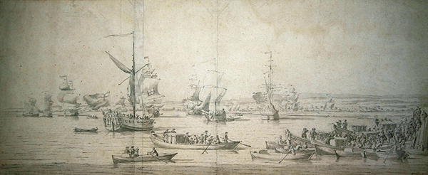 Przybycie Jamesa, księcia Yorku, na królewskim jachcie do Chatham, aby zwodować pierwszorzędny pancernik „The Royal Sovereign”, 30 września 1684 (pióro i atrament oraz szary wash on paper) autorstwa Willem van de Velde the Younger