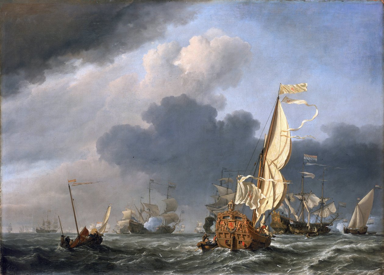 Jacht przy silnym wietrze, próbujący dołączyć do grupy holenderskich statków, prawdopodobnie podczas gromadzenia holenderskiej floty u wybrzeży Texel (Holandia) w 1672 r. autorstwa Willem van de Velde the Younger