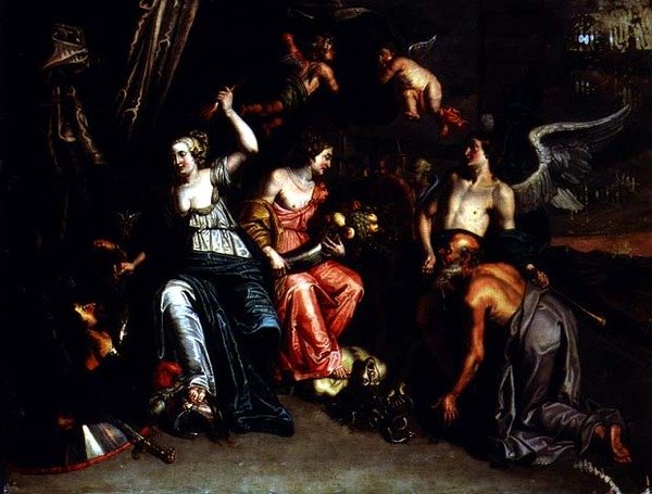 Rolnictwo w towarzystwie Sławy wielbiącej Ceres, gdy harpia jest deptana pod nogami, a Minerwa pokonuje Marsa (olej na miedzi) autorstwa Willem van the Elder Herp