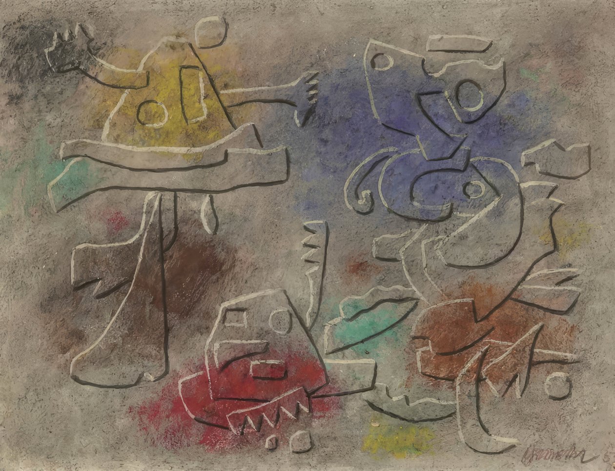 Kolorowy obraz reliefowy autorstwa Willi Baumeister