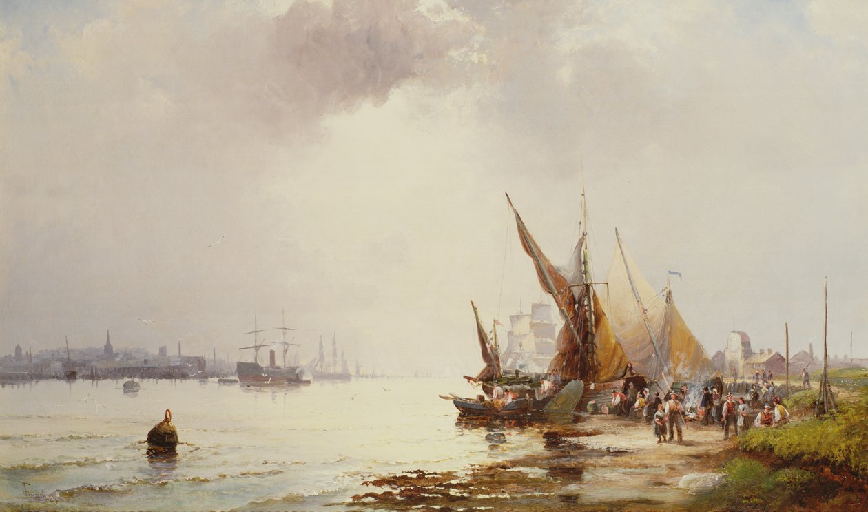 Rybacy na brzegu w spokojnym ujściu rzeki o świcie, XIX w. autorstwa William Anslow Thornley