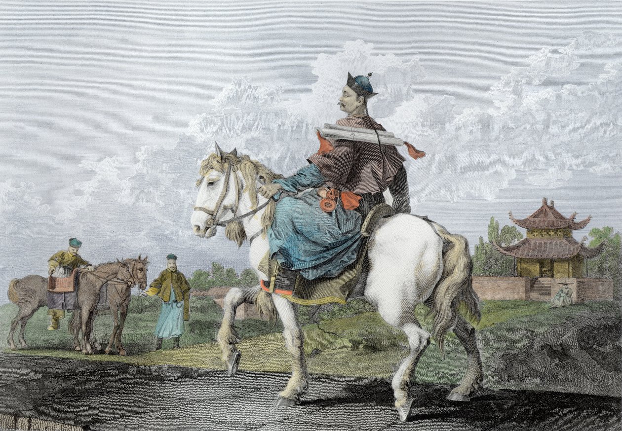 Quan lub mandaryński niosący list od cesarza Chin, grawerowany przez Wilsona, wyd. G. Nicol, 1796 (późniejsze zabarwienie) autorstwa William Alexander