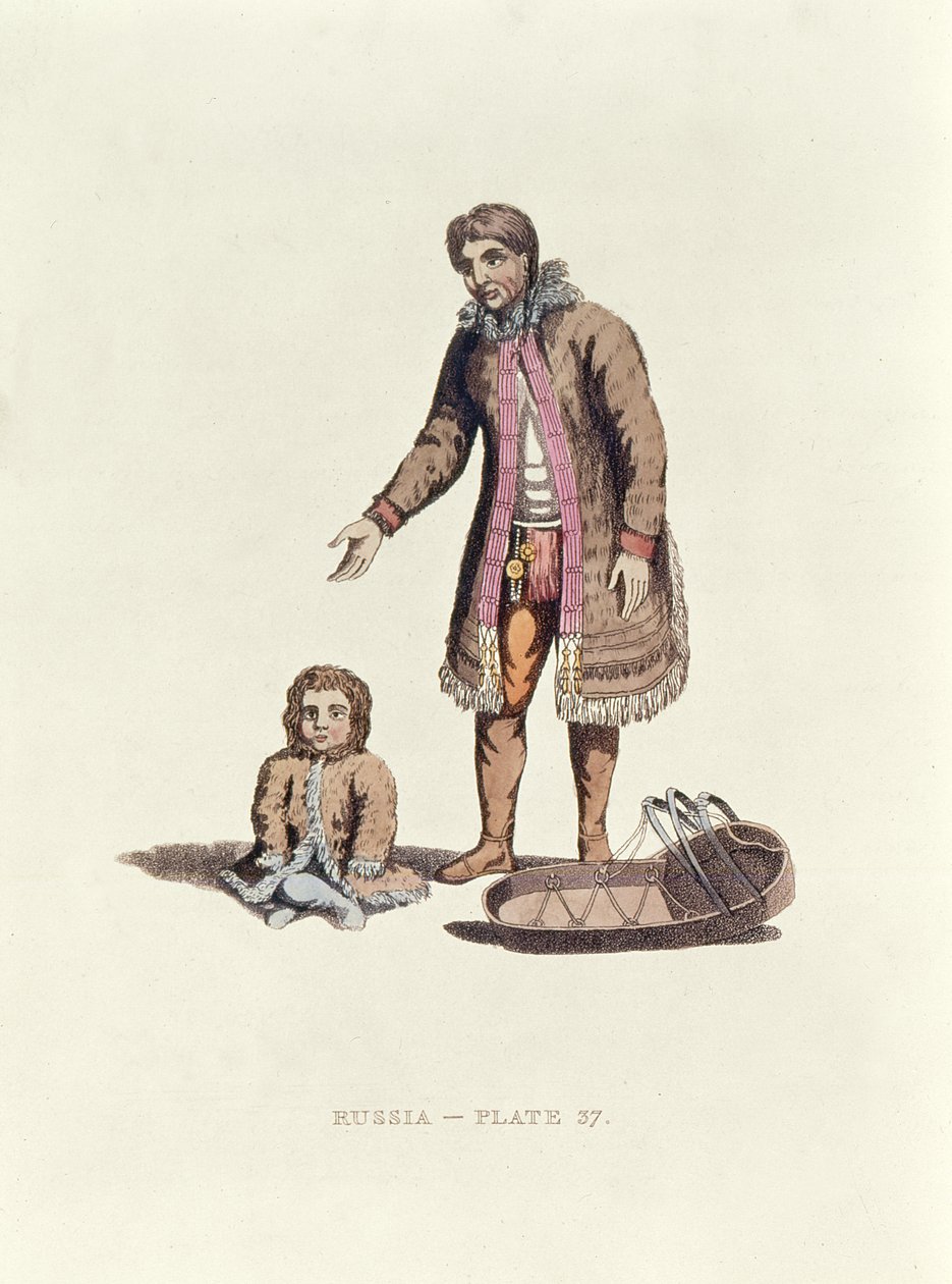 Samojedka z dzieckiem i kołyską z Suknia Rosjan, 1814 autorstwa William Alexander