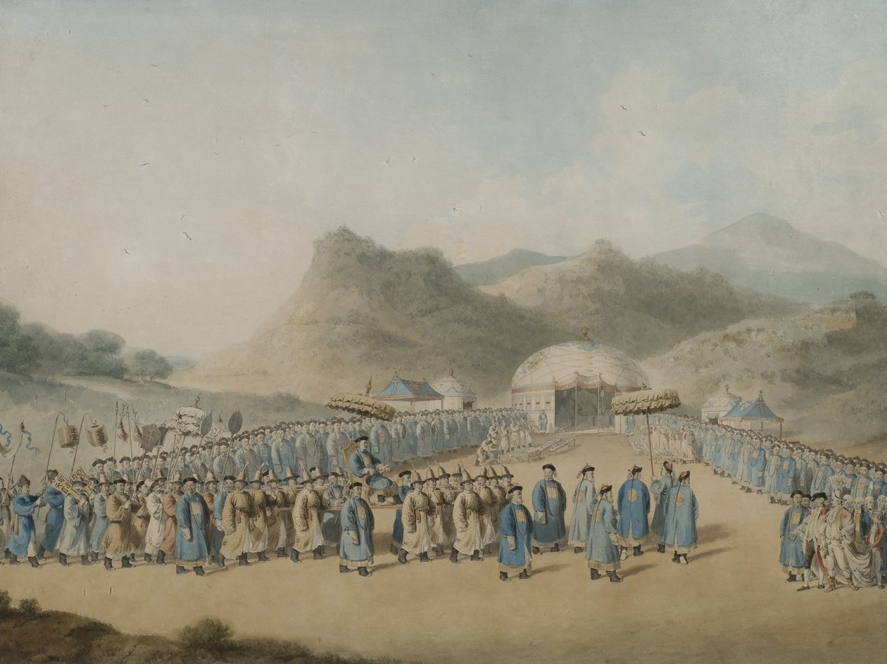 Podejście cesarza Chin do swojego namiotu w Tartary, aby przyjąć ambasadora brytyjskiego, 1799 (wc na papierze) autorstwa William Alexander