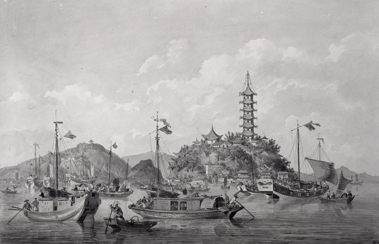 Widok na wyspę Golden Mountain w Blue River, Chiny, ok. 1794 (pióro, tusz i płyn do płukania) autorstwa William Alexander