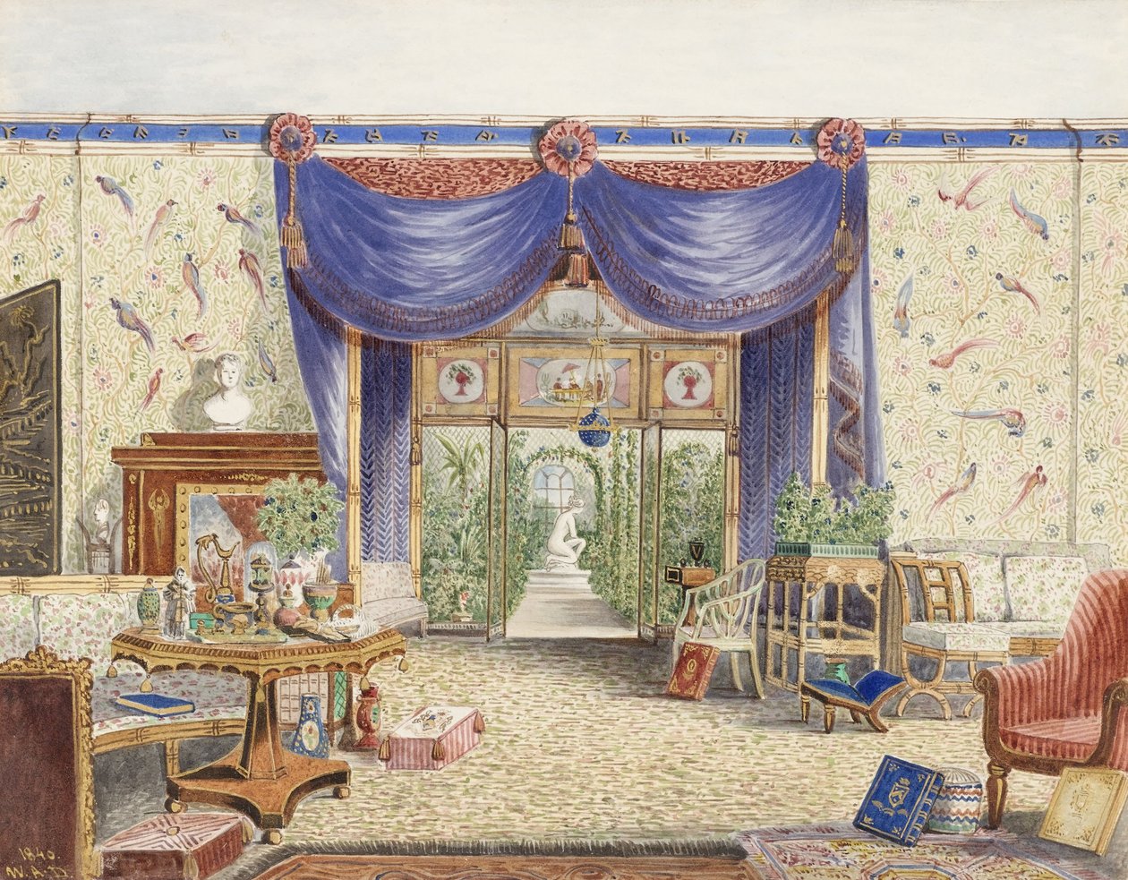 Wnętrze pokoju chińskiego, patrząc w kierunku oranżerii, Middleton Park, Oxfordshire autorstwa William Alfred Delamotte