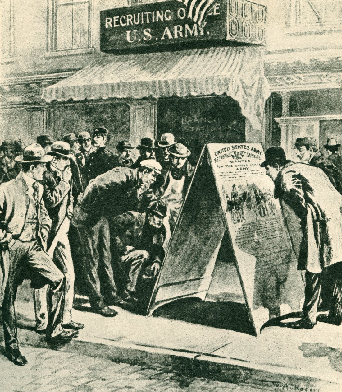 Tłum przed Biurem Rekrutacji Armii USA autorstwa William Allen Rogers