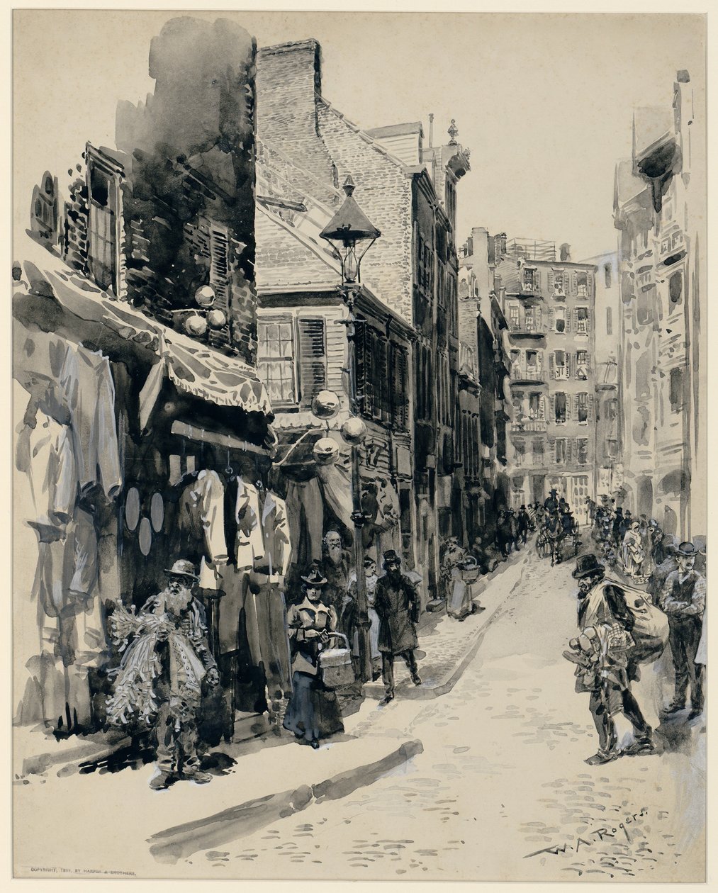 The Jewish Quarter, Boston, opublikowano 1899 (pióro i atrament i pranie na papierze) autorstwa William Allen Rogers