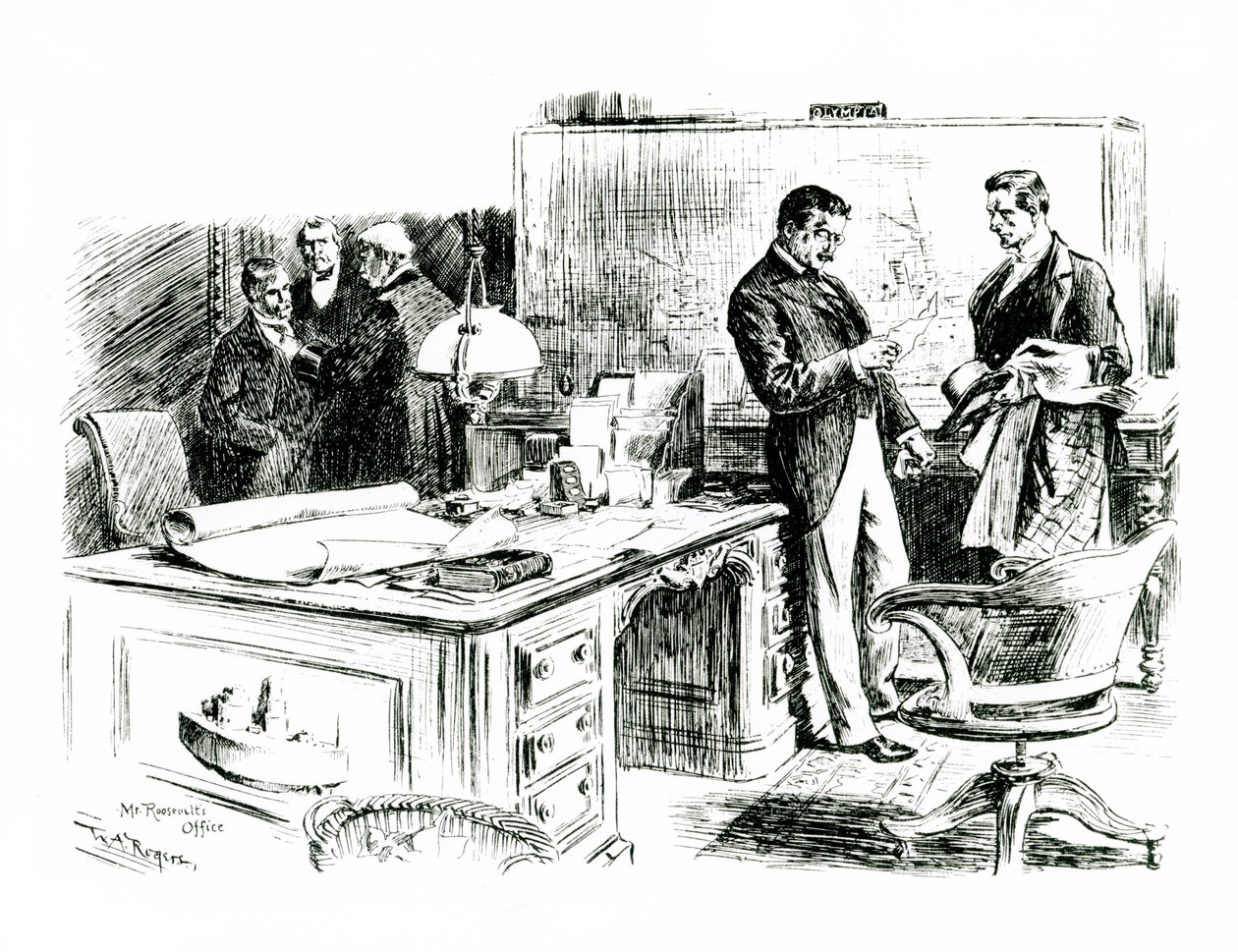 Senator Lodge i asystent sekretarza stanu w biurze prezydenta Roosevelta omawiają inwazję na Wyspy Filipińskie, 1898 autorstwa William Allen after Rogers
