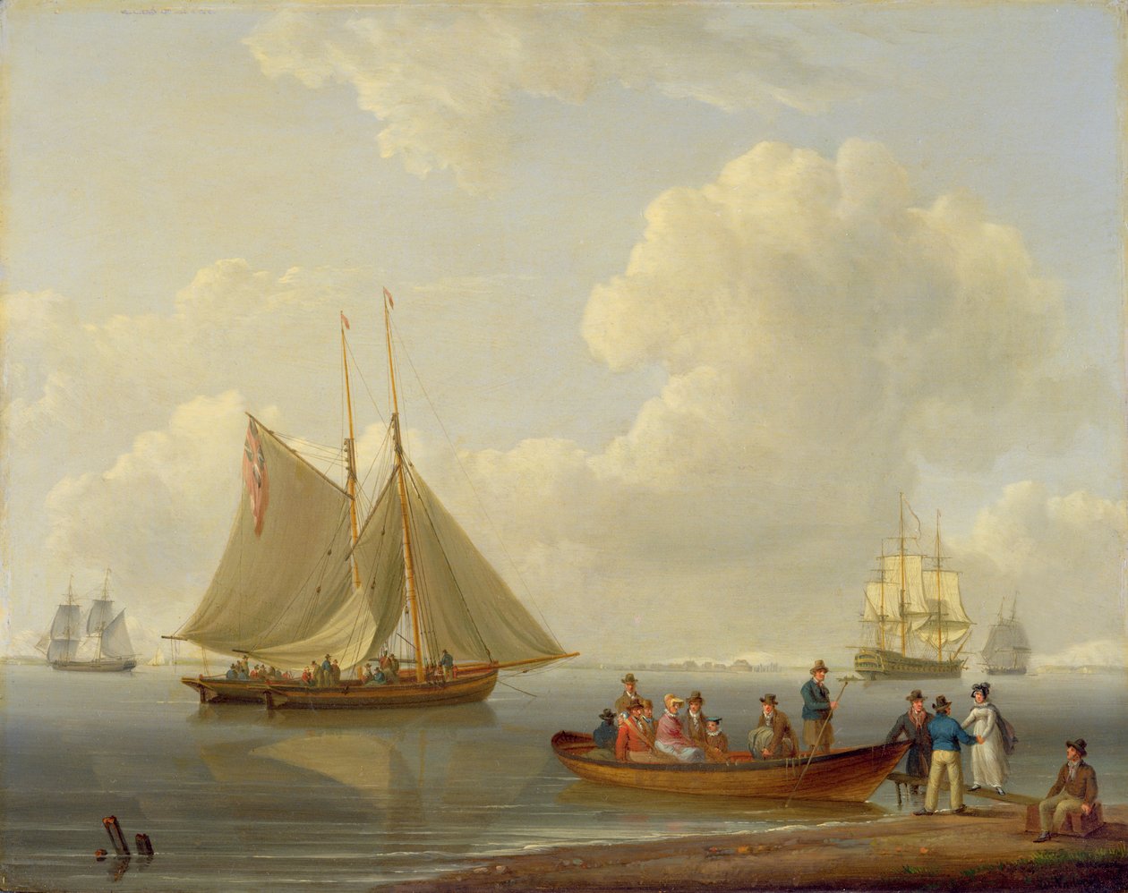 Wherry zabierający pasażerów do dwóch zakotwiczonych pakietów, 1825 autorstwa William Anderson