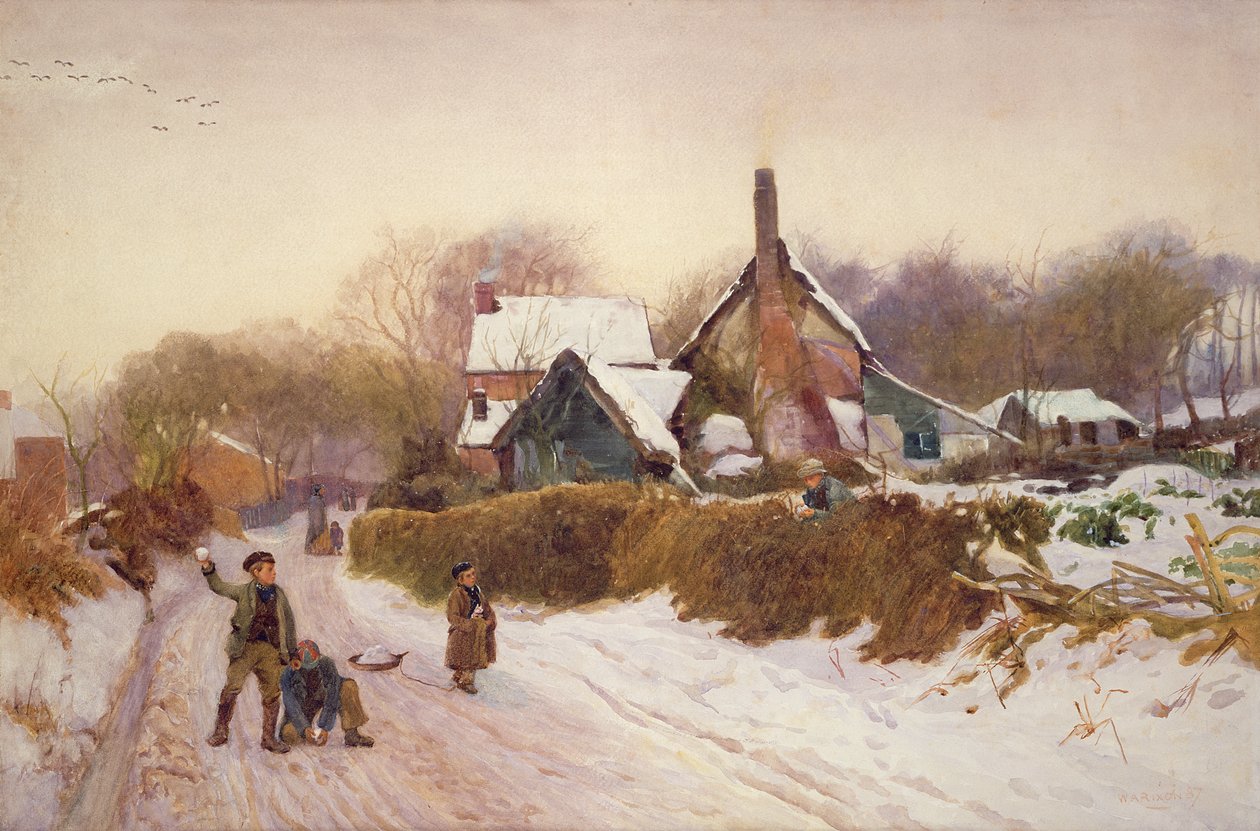 Boys Snowballing w Cookham Dean, 1887 (wc na papierze) autorstwa William Augustus Rixon