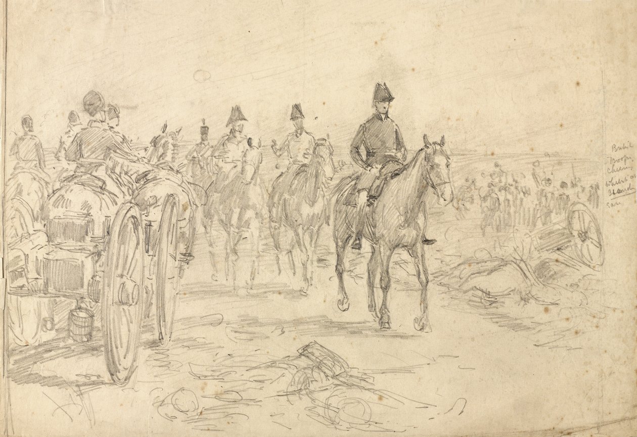 Brytyjscy żołnierze wiwatują, stojąc spokojnie, 1815, ok. 1890 autorstwa William Barnes Wollen