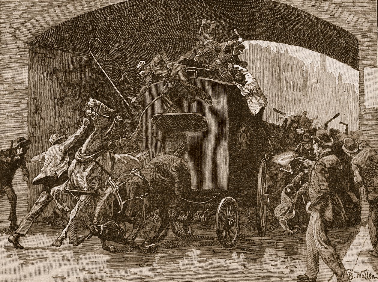 Atak Feniana na policyjną furgonetkę w Manchesterze, 1867, ilustracja z „Ilustrowanej historii Anglii Cassella” (zdjęcie w sepii) autorstwa William Barnes Wollen