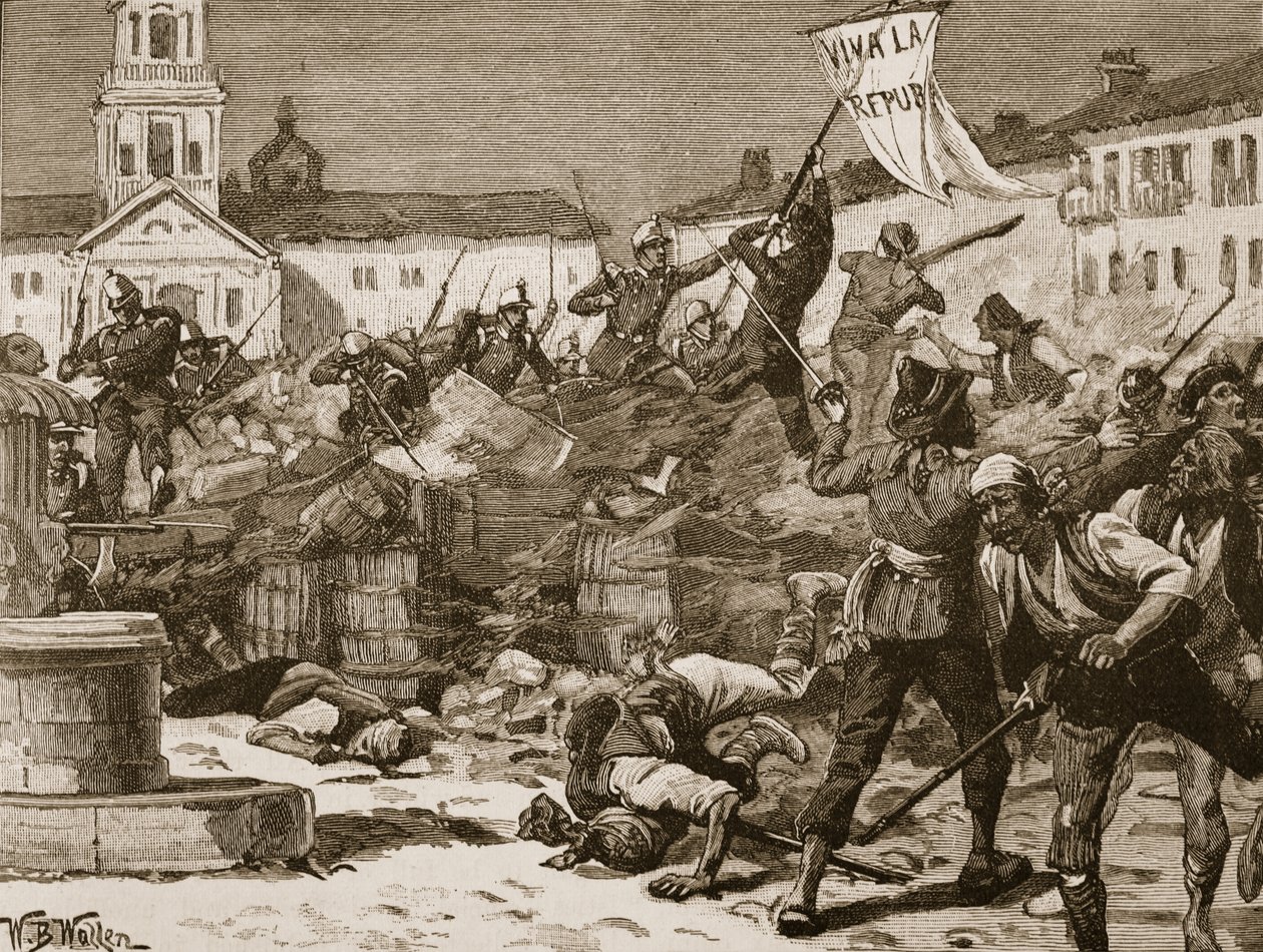 Walki uliczne w Maladze, 1869, ilustracja z „Ilustrowanej historii Anglii Cassella” (zdjęcie w sepii) autorstwa William Barnes Wollen