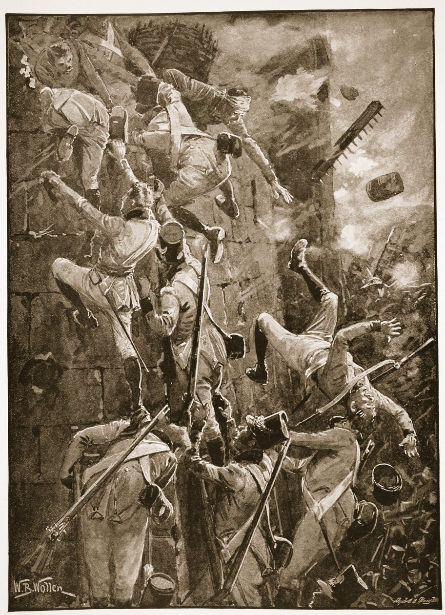 5. Dywizja szturmująca eskalację na mury San Vincente, ilustracja z „Bitwy XIX wieku” Archibalda Forbesa, G.A. Henty i major Arthur Griffiths autorstwa William Barnes Wollen