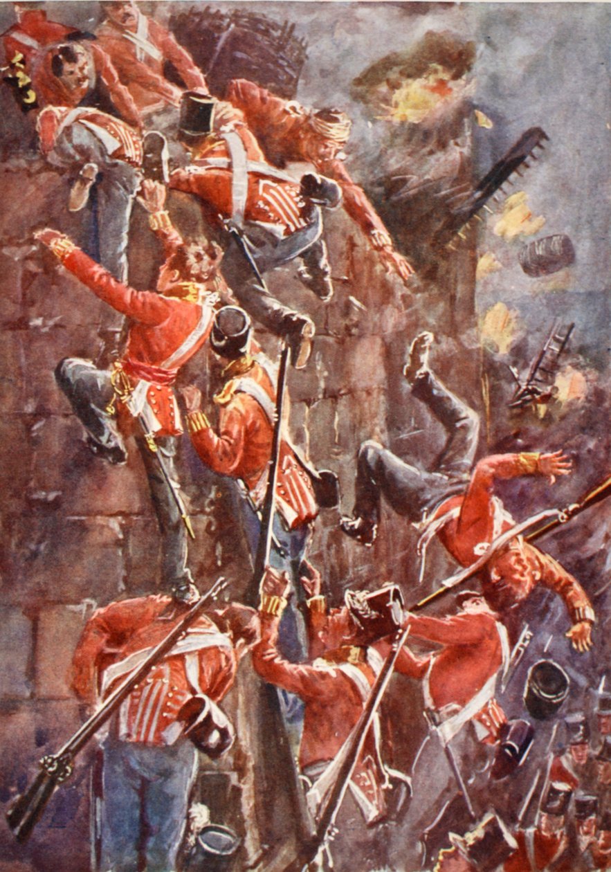 5. Dywizja szturmująca eskalację na mury San Vincente, ilustracja z „Bitwy XIX wieku” Archibalda Forbesa, G.A. Henty i major Arthur Griffiths autorstwa William Barnes Wollen