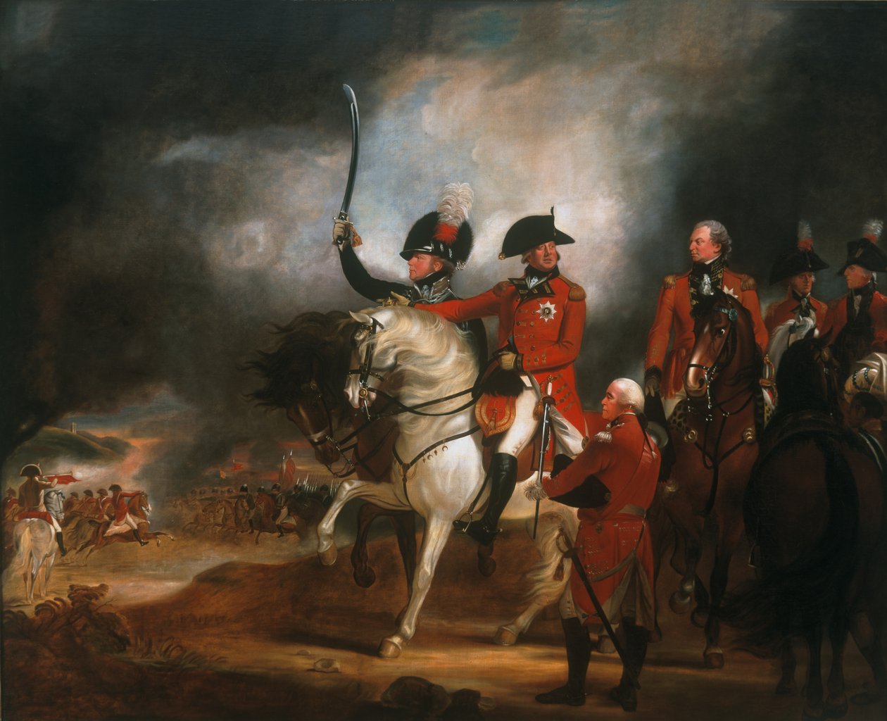 Król Jerzy III (1738-1820) i książę Walii (1762-1830) dokonujący przeglądu 3. pułku gwardii dragońskiej i 10. pułku dragonów lekkich, ok. 1797 r. autorstwa William Beechey