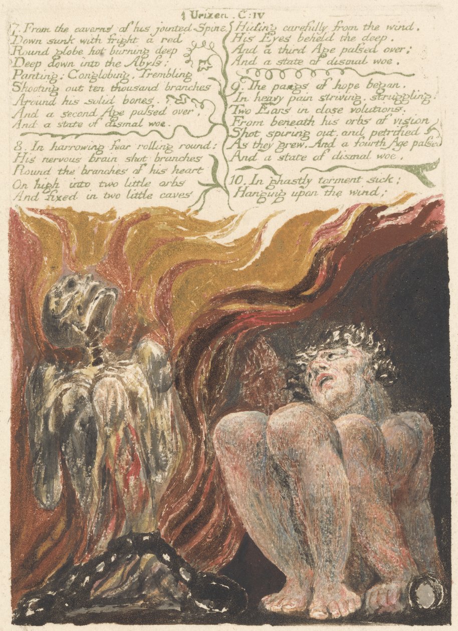 7. Z jaskiń jego kręgosłupa..., płyta 14 z Pierwszej Księgi Urizena, 1794 (drukowana kolorowo płaskorzeźba akwaforta tuszem i wc na papierze) autorstwa William Blake