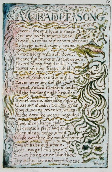 Kołysanka, pl. 1 ilustracja z Pieśni o niewinności i doświadczeniu (Bentley Copy L) pl.16 (Bentley 16) 1789-94 (akwaforta wypukła z piórem i toaletą na papierze) autorstwa William Blake