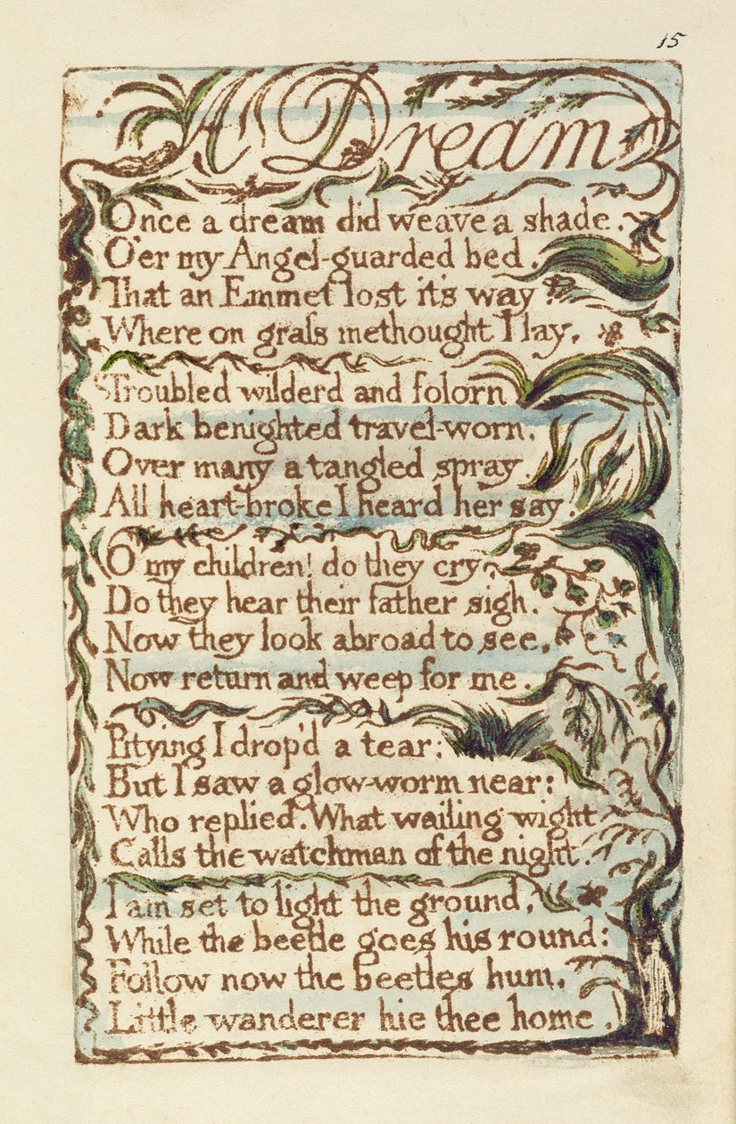 Ilustracja do snu z Pieśni o niewinności i doświadczeniu (Bentley Copy L) pl.15 (Bentley 26) 1789-94 (reliefowa akwaforta piórem i toaletą na papierze) autorstwa William Blake