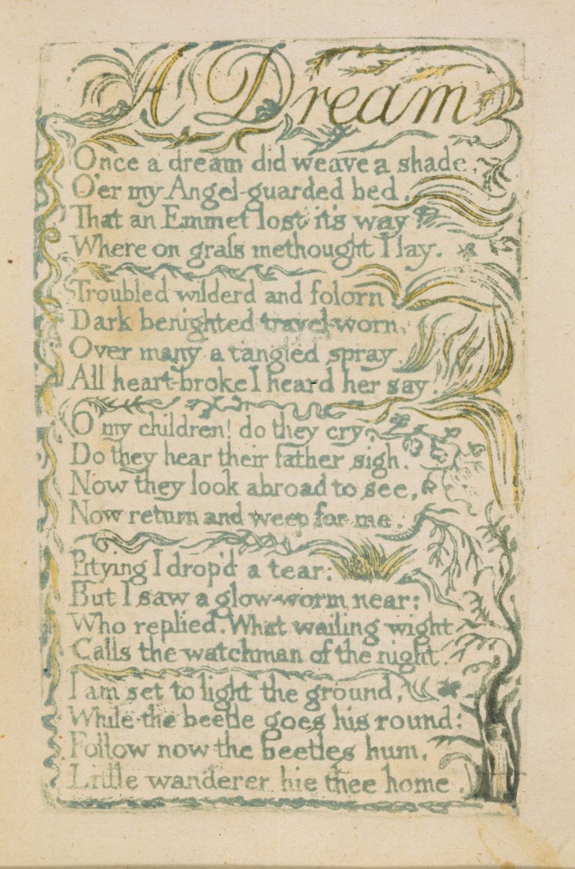 „Sen”, płyta 14 z „Songs of Innocence”, 1789 (ręcznie malowana płaskorzeźba akwaforta z akwarelą) autorstwa William Blake