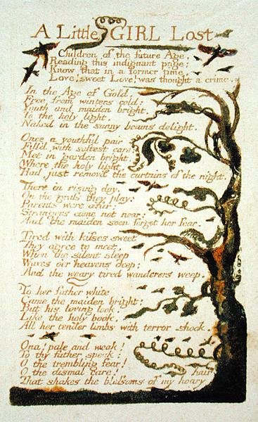Zagubiona dziewczynka, płyta 43 z Pieśni doświadczenia, 1789 (kolorowy druk reliefowy akwaforta z wc na papierze) autorstwa William Blake