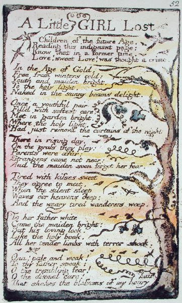 A Little Girl Lost, płyta 52 (Bentley 51) z Pieśni o niewinności i doświadczeniu (Bentley Copy L) 1789-94 (wypukła akwaforta z piórem i wc) autorstwa William Blake