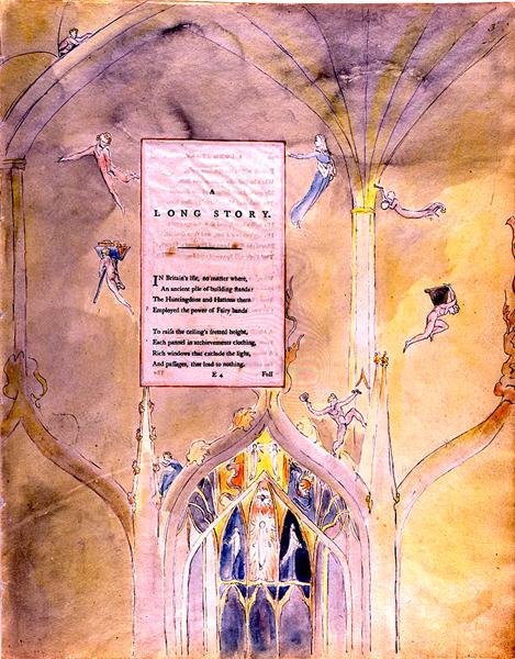 Długa historia, starożytny stos budynków, który wykorzystywał moc bajkowych rąk, z Wierszy Thomasa Graya, 1797-98 (toaleta i czarny tusz na papierze) autorstwa William Blake