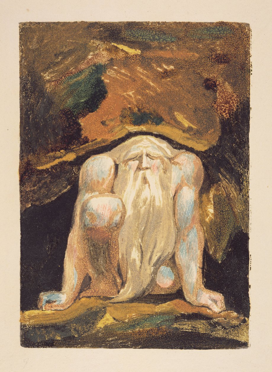 Nagi mężczyzna z długą brodą klęczy z jednym kolanem uniesionym i obiema rękami na ziemi, tablica 8 z „Pierwszej księgi Urizena”, 1794 (kolorowy druk reliefowy z wc) autorstwa William Blake