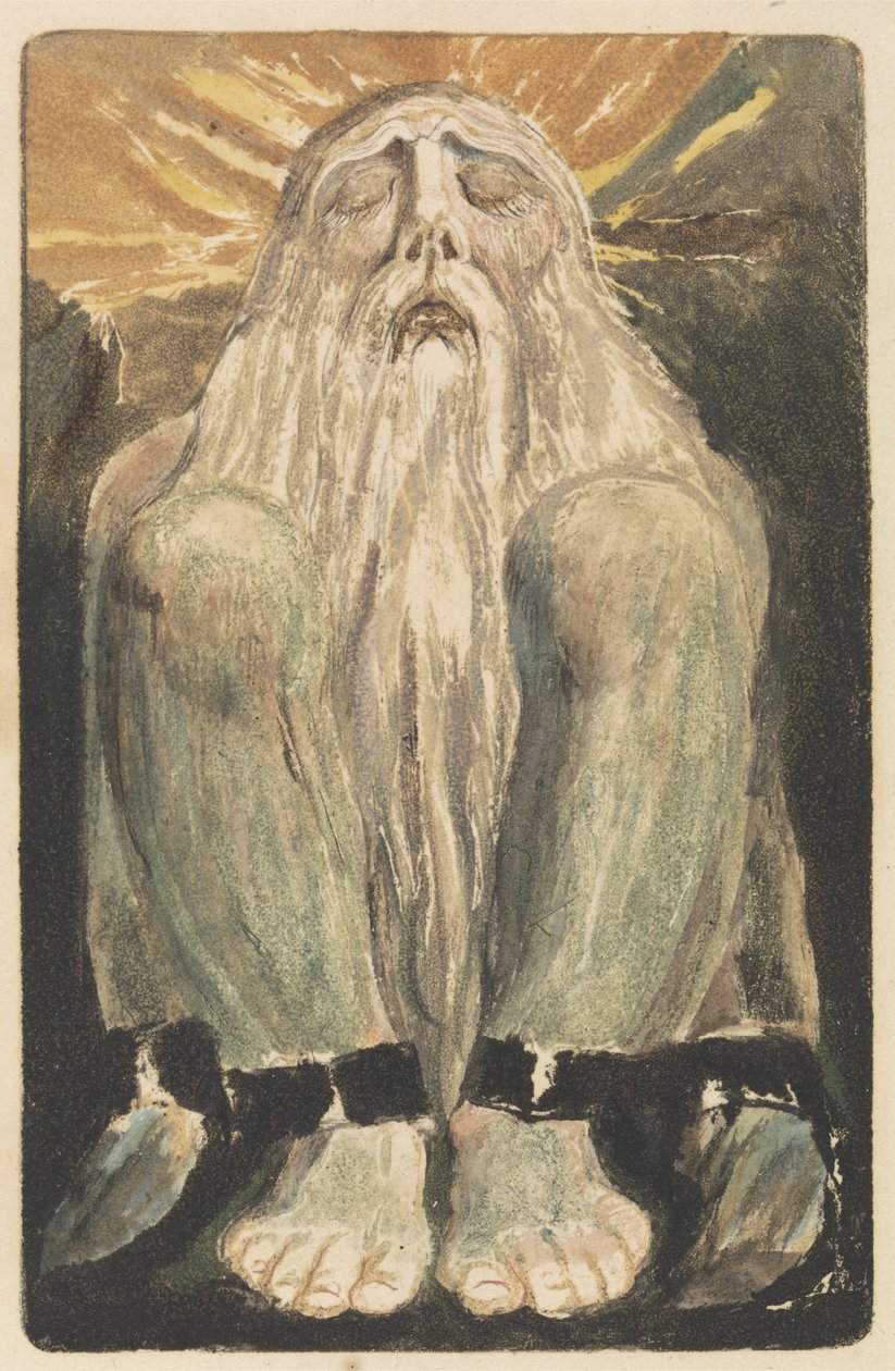 Nagi mężczyzna z długą białą brodą siedzi na ziemi z podniesionymi kolanami i zamkniętymi oczami, płyta 12 z Pierwszej Księgi Urizena, 1794 (relief akwaforta z wc) autorstwa William Blake