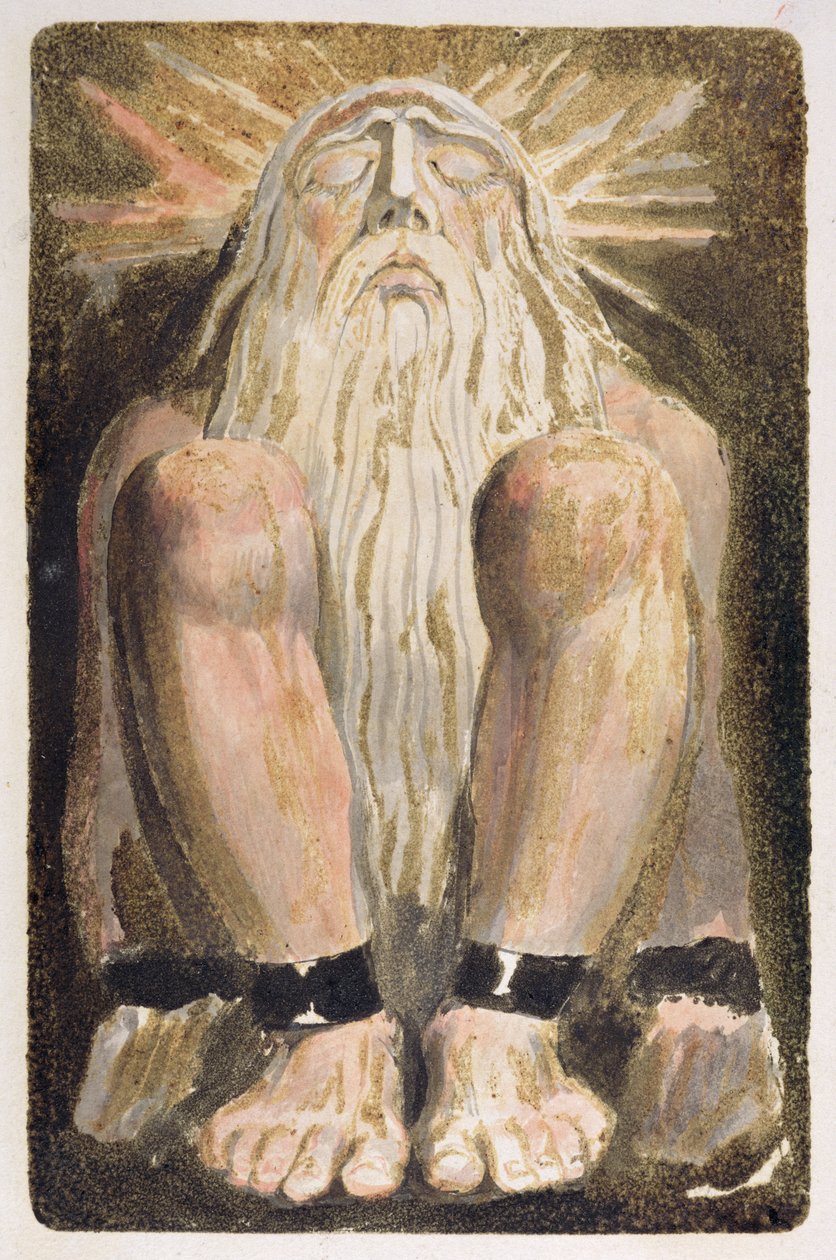 Nagi mężczyzna z długą białą brodą, tablica 3 z „Pierwszej księgi Urizena”, 1794 (drukowana kolorowo relief akwaforta tuszem i wc na papierze) autorstwa William Blake