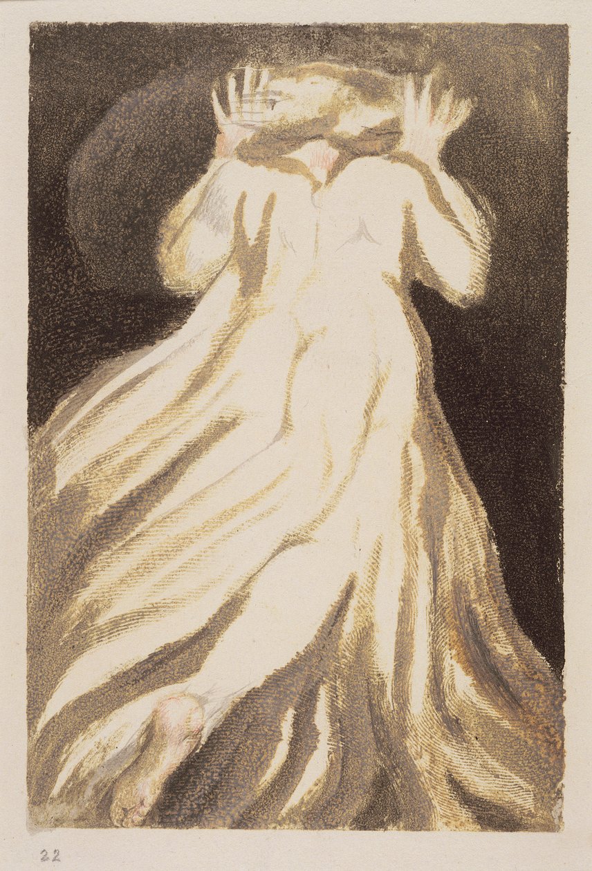 Siwowłosy mężczyzna w długiej, jasnej szacie, który ucieka od nas z podniesionymi rękami, płyta 21 z „Pierwszej księgi Urizena”, 1794 (kolorowy druk reliefowy z wc) autorstwa William Blake