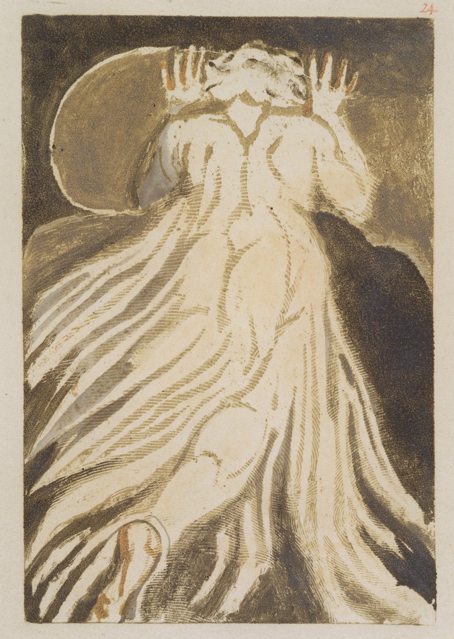 „Siwowłosy mężczyzna w długiej, jasnej szacie, który ucieka od nas z podniesionymi rękami”, tablica 28 z „Pierwszej księgi Urizena”, 1794 (drukowana kolorowo płaskorzeźba akwaforta tuszem i wc na papierze) autorstwa William Blake
