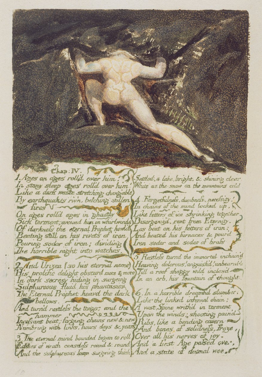 „Przetoczyły się przez niego wieki…”, tablica 9 z „Pierwszej księgi Urizena”, 1794 (drukowana kolorowo płaskorzeźba z wc) autorstwa William Blake