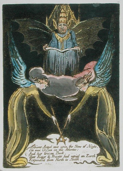 Albions Angel rose..., płyta 12 z Europy. Proroctwo, 1794 (akwaforta reliefowa z toaletą i olejem na papierze) autorstwa William Blake