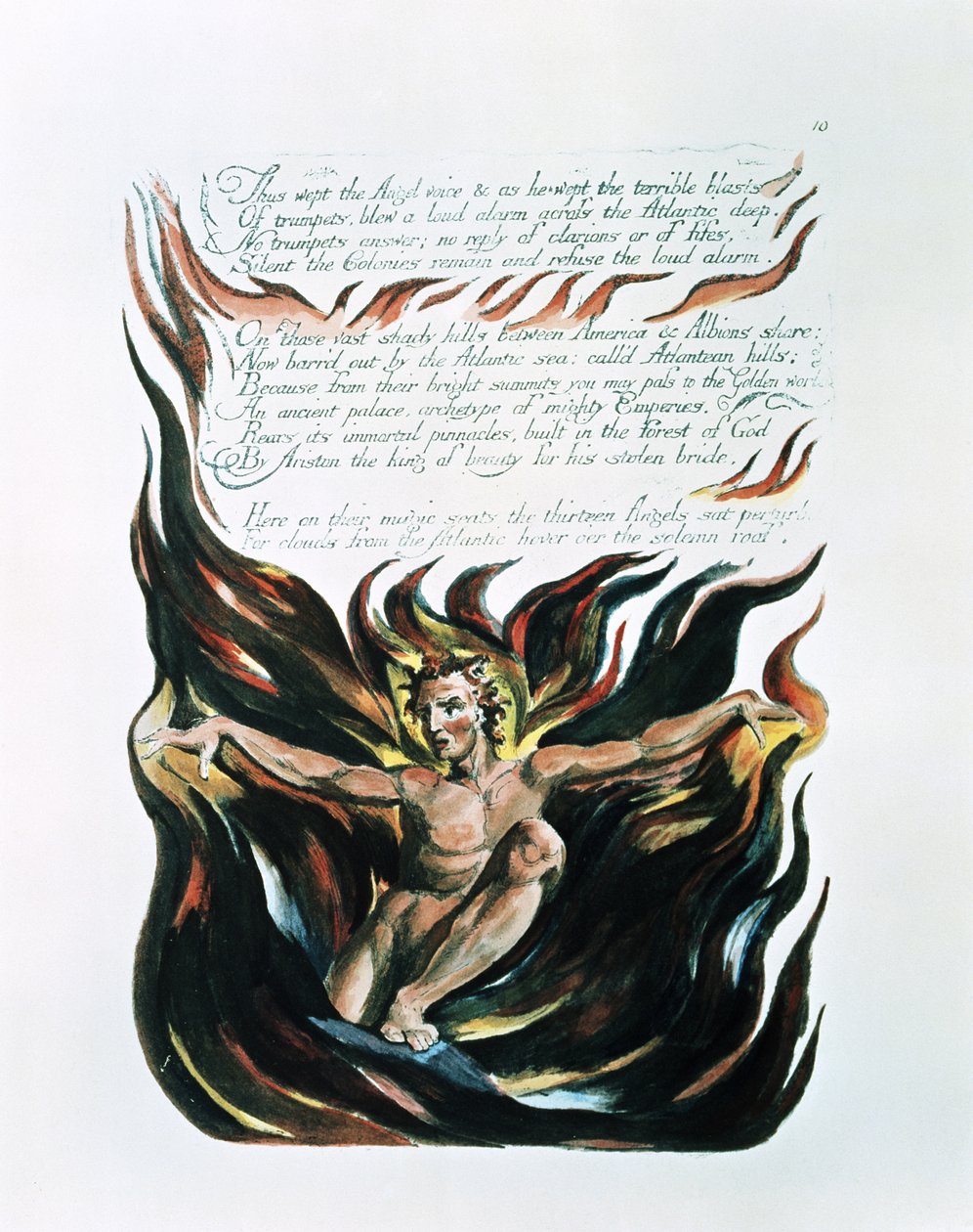 America a Prophecy; "Thus wept the Angel voice", wyjście Orka (ucieleśnienie Energii) z niewoli, do której został oddany przez swoich rodziców Los i Enitharmon, 1793 (akwaforta reliefowa a autorstwa William Blake