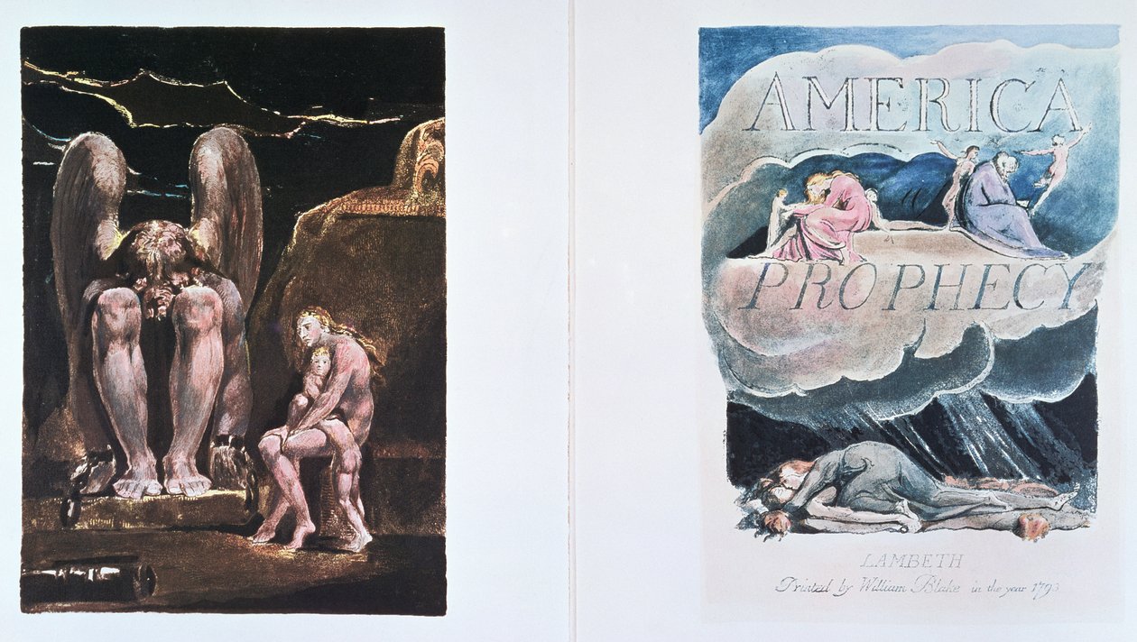 America a Prophecy: frontyspis i strona tytułowa przedstawiające Orka, ucieleśnienie energii, 1793 (rycina wypukła z białą linią i akwarelą) autorstwa William Blake