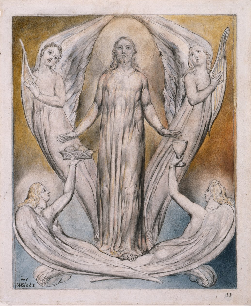 Aniołowie usługujący Chrystusowi, ilustracja z "Raju odzyskanego" Johna Miltona, ok. 1816-18 (pióro i tusz, szara farba i wc na papierze) autorstwa William Blake