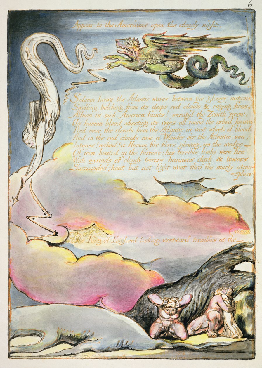 Ukazuje się Amerykanom, plansza 4 z "Ameryka, proroctwo", 1793 (akwaforta reliefowa i wc na papierze) autorstwa William Blake